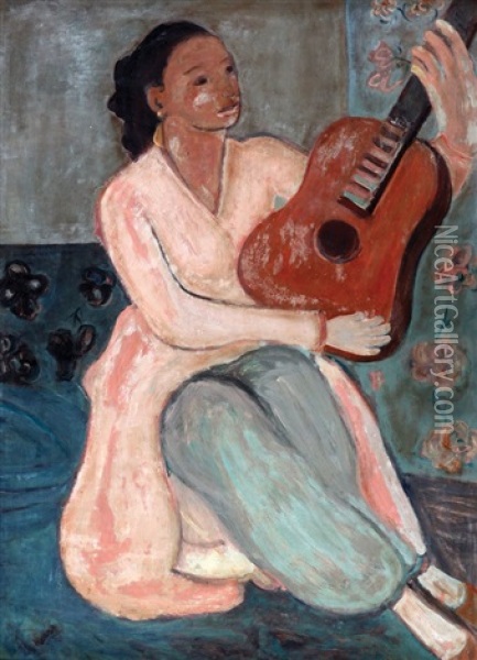 Young Woman Playing A Guitar Oil Painting - Georges (Karpeles) Kars