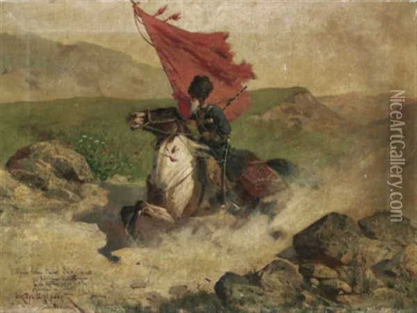 Kaukasischer Reitersoldat Im Galopp Oil Painting - Oskar Schmerling