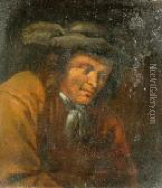 A Portrait Of A Man In A Feathered Hat Oil Painting - Adriaen Brouwer