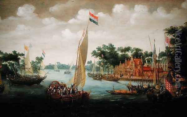 A Dutch States Yacht on a River Estuary Oil Painting - Abraham de Verver
