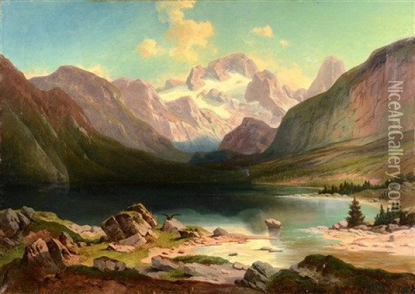 Lake Landscape With Dachstein Mountain Massif Oil Painting - Josef Mayburger