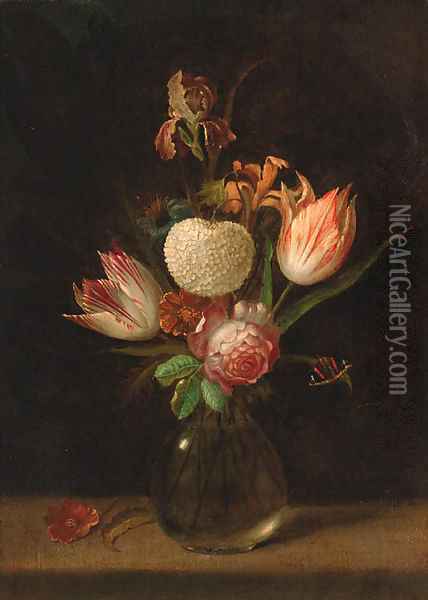 Parrot tulips, a chrysanthemum, a rose, an iris and other flowers Oil Painting - Rachel Ruysch