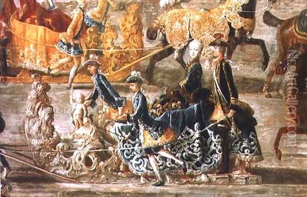 The Imperial Sleigh Ride on the occasion of the marriage of Emperor Joseph II of Austria to his 2nd wife Maria Josepha von Bayern: detail of a sleigh Oil Painting - J.C. & Purgau, F.M.A. Auerbach
