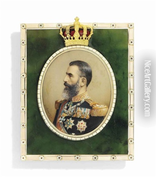 Carol I (1839-1914), King Of Romania, In Black Coat With Gold Collar And Epaulettes, Wearing Numerous Orders And Medals Including The Chain Of The Order Of The House Of Hohenzollern Oil Painting - Johannes Zehngraf