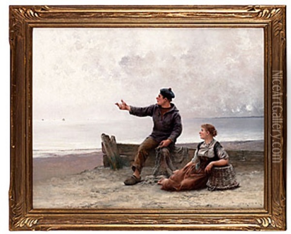 Fiskarpar Vid Kusten Oil Painting - August Vilhelm Nikolaus Hagborg