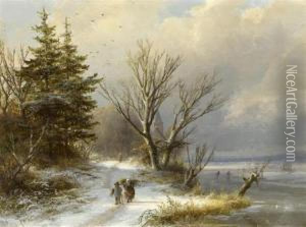 Winter Landscape With Wood Collectors Oil Painting - Johann Bernard Klombeck