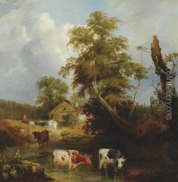 A Wooded River Landscape With Cattle Watering Oil Painting - Jan Baptist Wolfaerts