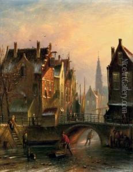 Skating Through Town Oil Painting - Johannes Franciscus Spohler