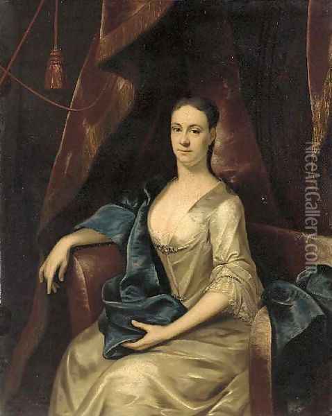 Portrait of Rebecca Branthwayt (d.1740), nee Newton, seated three-quarter-length, in a white satin dress and blue wrap in a draped interior Oil Painting - John Theodore Heins
