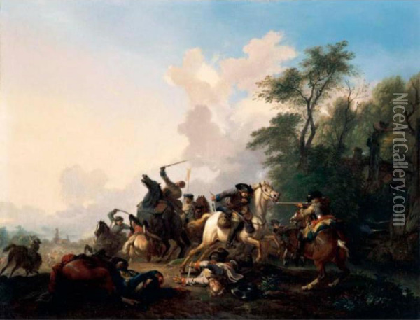 A Cavalry Skirmish In A Wooded Landscape Oil Painting - Jan von Huchtenburgh