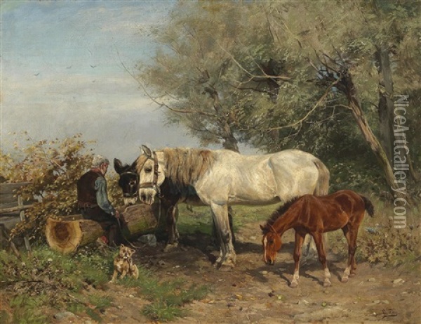 At The Drinking Trough Oil Painting - Ludwig Benno Fay