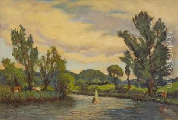 Sailing Boat On River Lagan, Belfast Oil Painting - Thomas Bond, Tom Walker