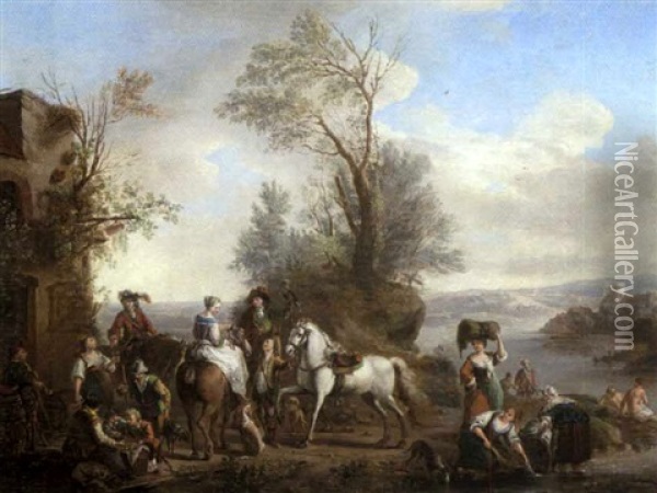 Paysage Fluvial Avec Lavandieres Et Chasseurs Faisant Une Halte Oil Painting - Carel van Falens