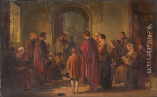 Pilgrims Entering The Cathedral Oil Painting - George Cattermole