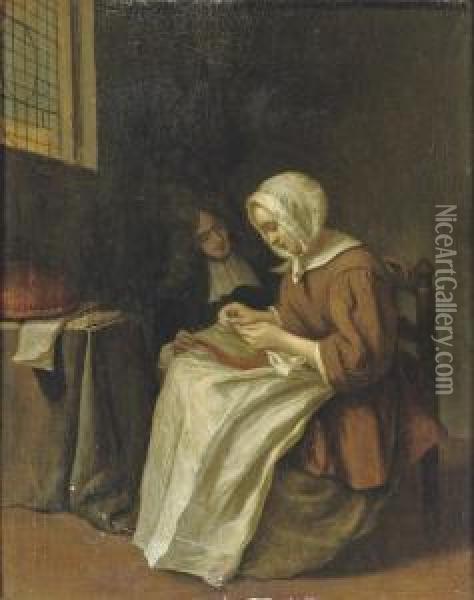 A Young Woman Doing Needlework With An Admirer Nearby Oil Painting - Jan or Joan van Noordt