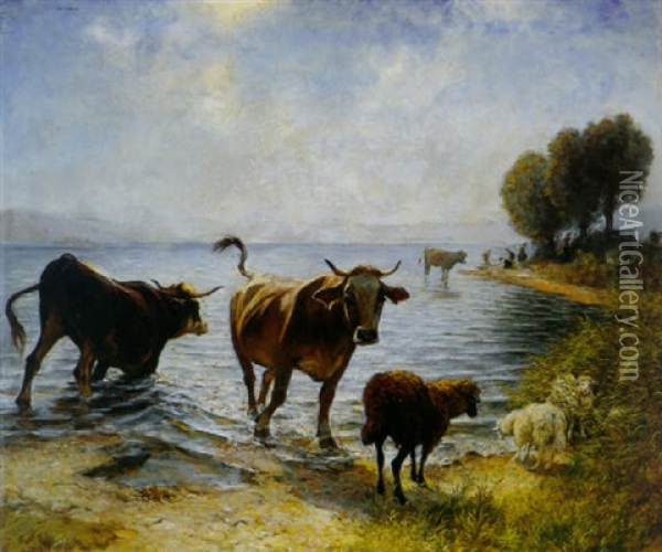 Kuhe Und Schafe Am Zurichsee Oil Painting - Johann Rudolf Koller