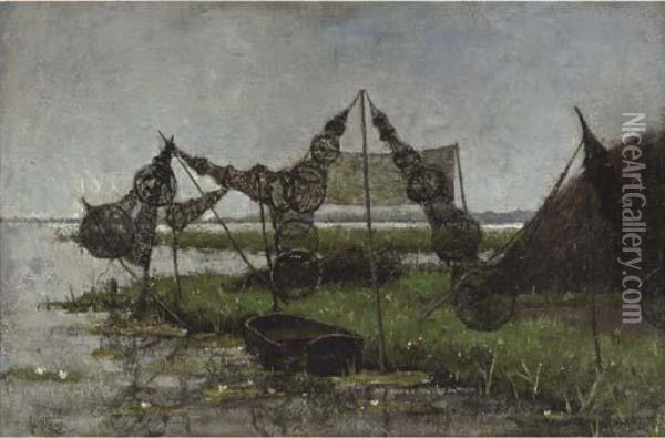 Drying The Fish-traps Oil Painting - Adolf Lange