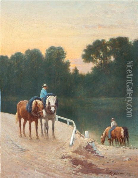 Horses Drinking At A Riverside Oil Painting - Wouter Verschuur the Younger