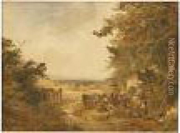 Rural Scene With Figures Before A Cottage Oil Painting - George Morland