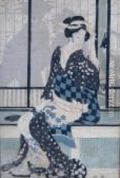 Woodblock Print Of Lady In Interior Oil Painting - Kitagawa Utamaro