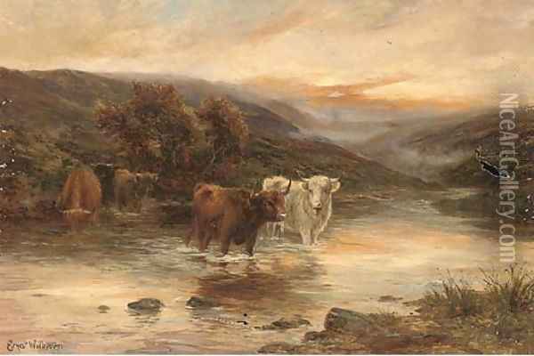 Highland cattle watering in a river landscape Oil Painting - Ernst Walbourn
