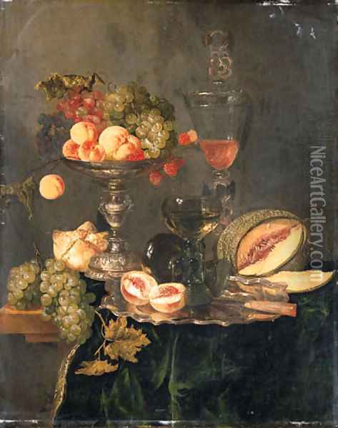 Nectarines, peaches, grapes and raspberries on a silver tazza, two roemers and a sliced peach with a knife on a silver plate, a melon, a bread roll Oil Painting - Abraham Hendrickz Van Beyeren