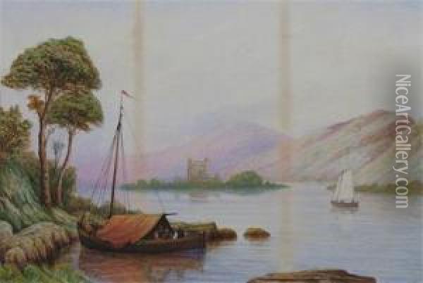 A Lakeland Scene With Fishing Boat, Mountains Beyond Oil Painting - Bernard Benedict Hemy