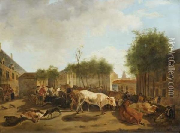 Un Marche Aux Bestiaux Dans Une Ville Belge Oil Painting - Leonard Defrance