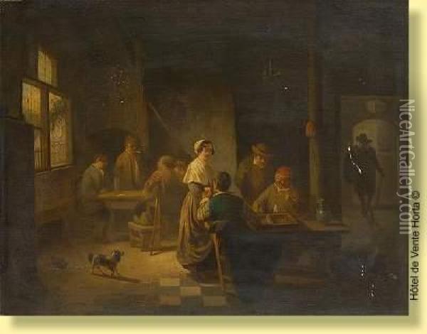 Joueurs De Jacquet Dans Un Interieur Oil Painting - Willem Linnig