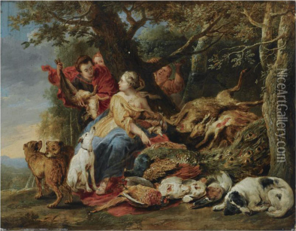 Diana And Her Nymphs Resting After The Chase, Next To An Abundanceof Dead Game Oil Painting - Joannes Fijt