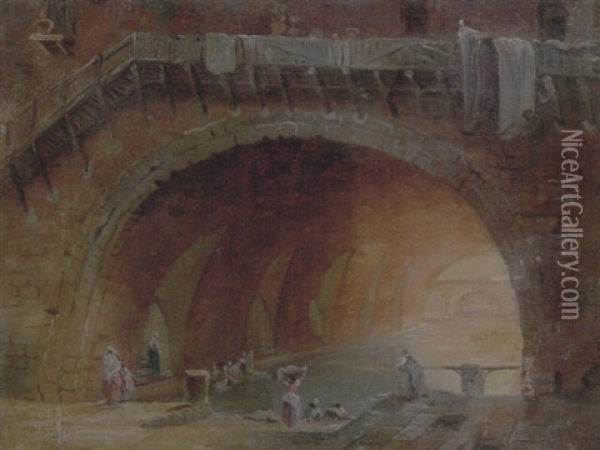 Figures Washing Clothes In A Pool Underneath An Arch Oil Painting - Hubert Robert