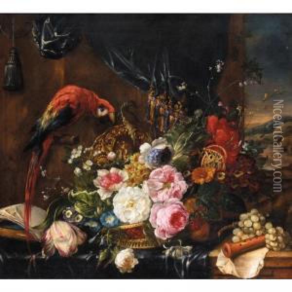 A Still Life Of Various Flowers In A Basket With A Parrot Oil Painting - Pierre-Nicolas Huillot