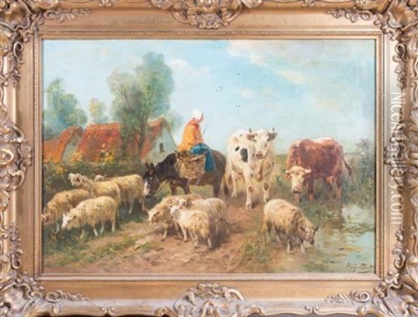 Cattle And Sheep In A Farmyard Oil Painting - Henry Schouten