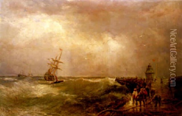 Tug Towing A Wreck Into Gorleston Harbour Oil Painting - Edwin Hayes