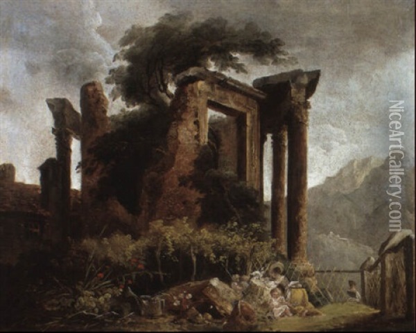 Landscape With Ruins And A Girl With Children And Doves Oil Painting - Hubert Robert