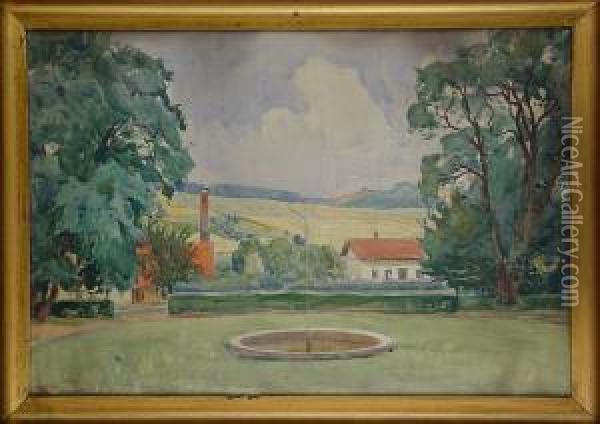 Krajobraz Z Fontanna, 1921 R. Oil Painting - Stanislaw Janowski