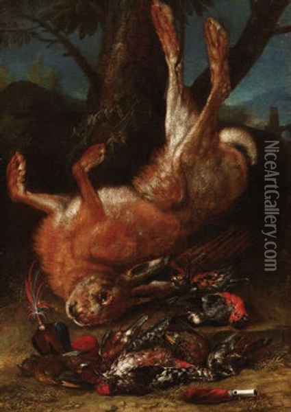 Die Falkenbeute - Stilleben Mit Erlegtem Hasen, Singvogeln Und Falkenhaube Oil Painting - Philipp Ferdinand de Hamilton