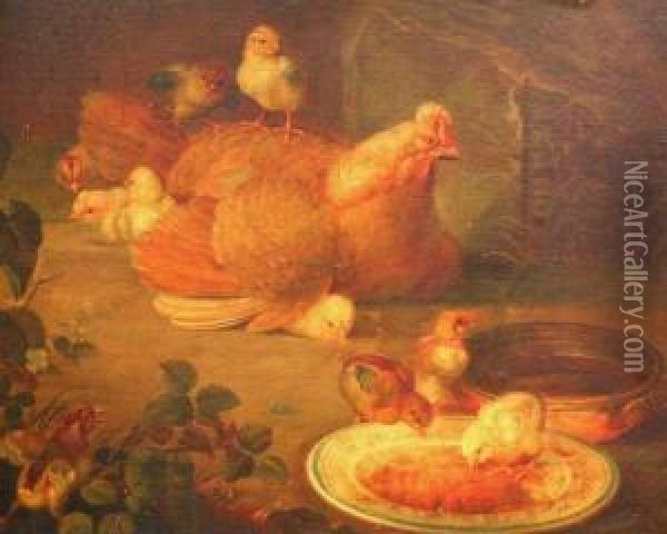 Chickens Feeding Oil Painting - Ben Austrian