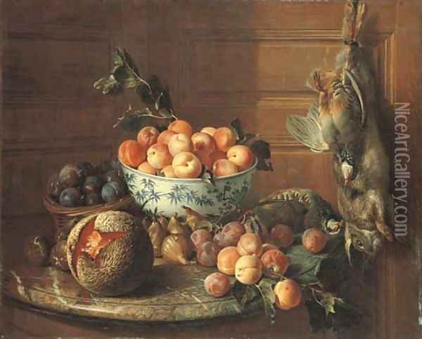 Plums in a basket and apricots in a blue and white bowl, with figs, a melon, plums, peaches and a red-legged partridge on a marble shelf, by a rabbit Oil Painting - Alexandre-Francois Desportes