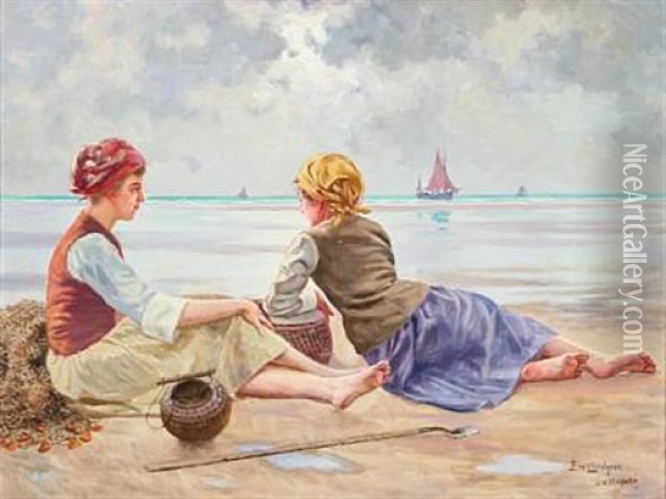 Fishing Girls On A Beach At The English Channel In France Oil Painting - Emil (Harald Emanuel) Lindgren