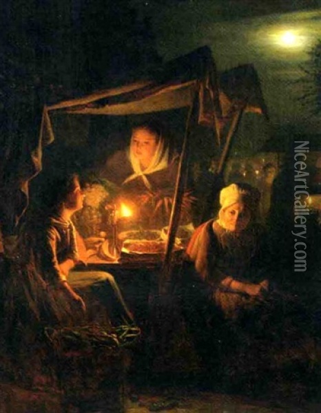 Nocturne: Selling Berries On The Evening Market Oil Painting - Johannes Rosierse