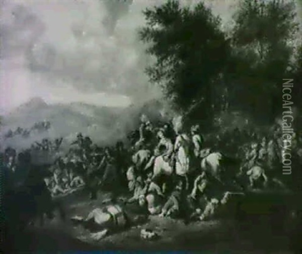 A Cavalry Battle Beside A Wood Oil Painting - Jan van Huchtenburg