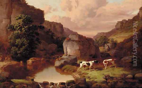 Pointers with a huntsman in a rocky river landscape Oil Painting - William Malbon