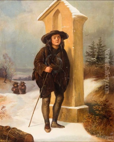 Fallensteller In Winterlicher Landschaft Vor Einem Marter Oil Painting - Johann Frankenberger