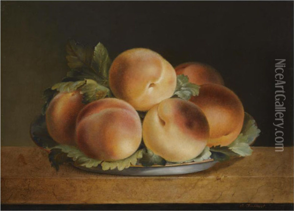 A Still Life Of Peaches In A Pewter Bowl Oil Painting - J Dussaert