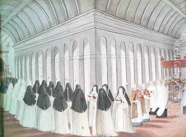 Procession of the Holy Sacrament in the Cloister, from 'l'Abbaye de Port-Royal', c.1710 Oil Painting - Cochin, Louise Madelaine