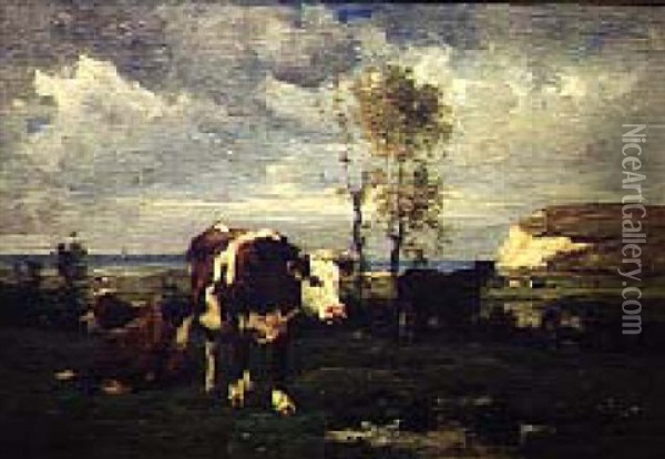 Coastal Landscape With Cows Oil Painting - Emile van Marcke de Lummen