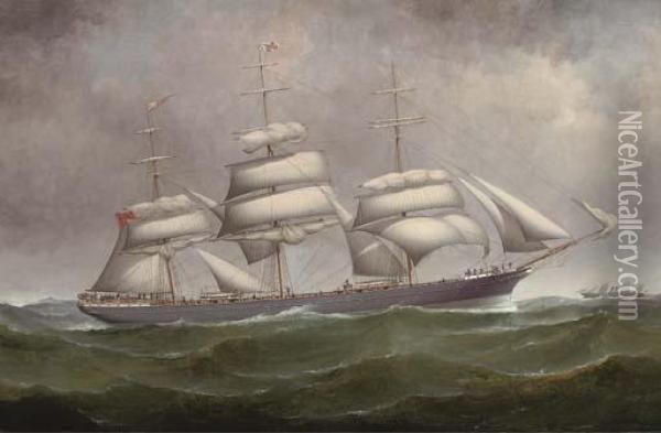 The Three-master Helensburgh Under Reduced Sail At Sea With Asteamship Off Her Port Bow Oil Painting - Samuel Harry Hancock