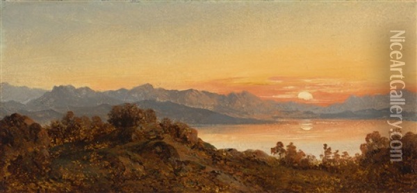 Der Chiemsee Im Sonnenuntergang Oil Painting - Eduard Schleich the Elder