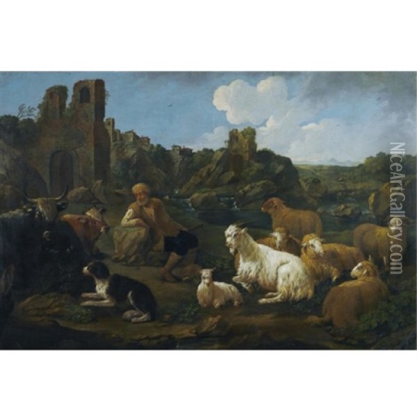 A Landscape With A Herder, Cattle, Sheep And A Dog In The Foreground Oil Painting - Jacob (Rosa di Napoli) Roos